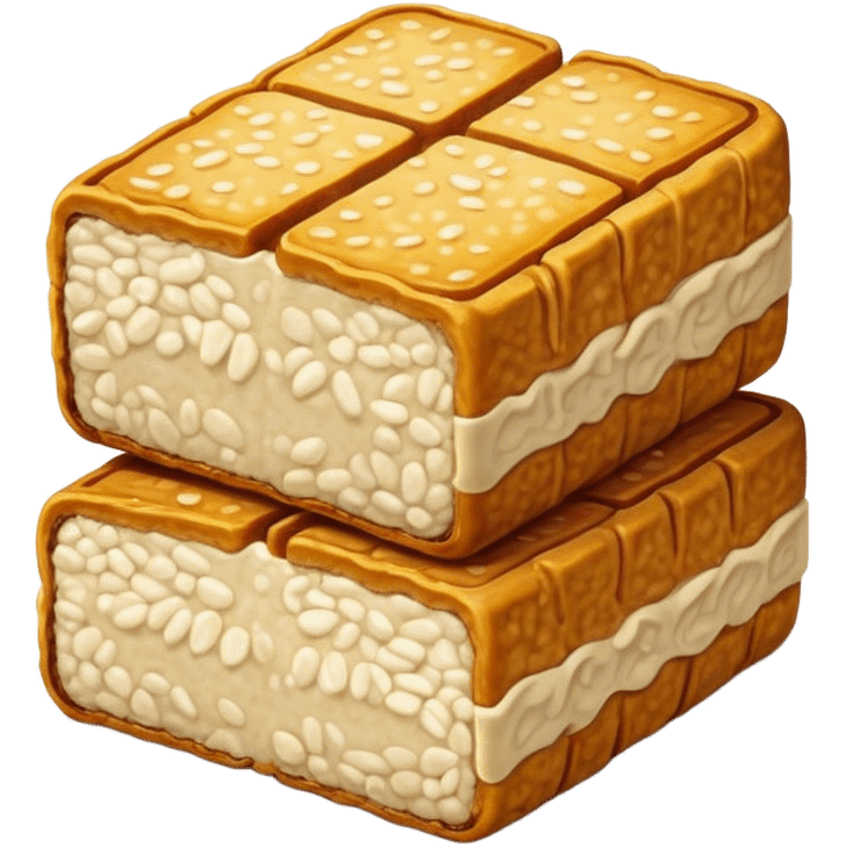 Tempeh Cinematic Realistic Tempeh Dish Emoji, depicted as crispy, sliced portions of fermented soy cake with a golden-brown finish, rendered with detailed textures and warm, inviting lighting. emoji