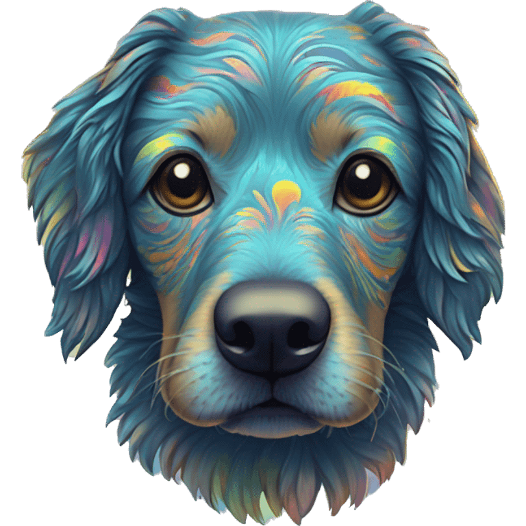 Multicolored rainbow retro groovy hippie trippy floral patterns on a metallic holographic iridescent blue dog face head emoji