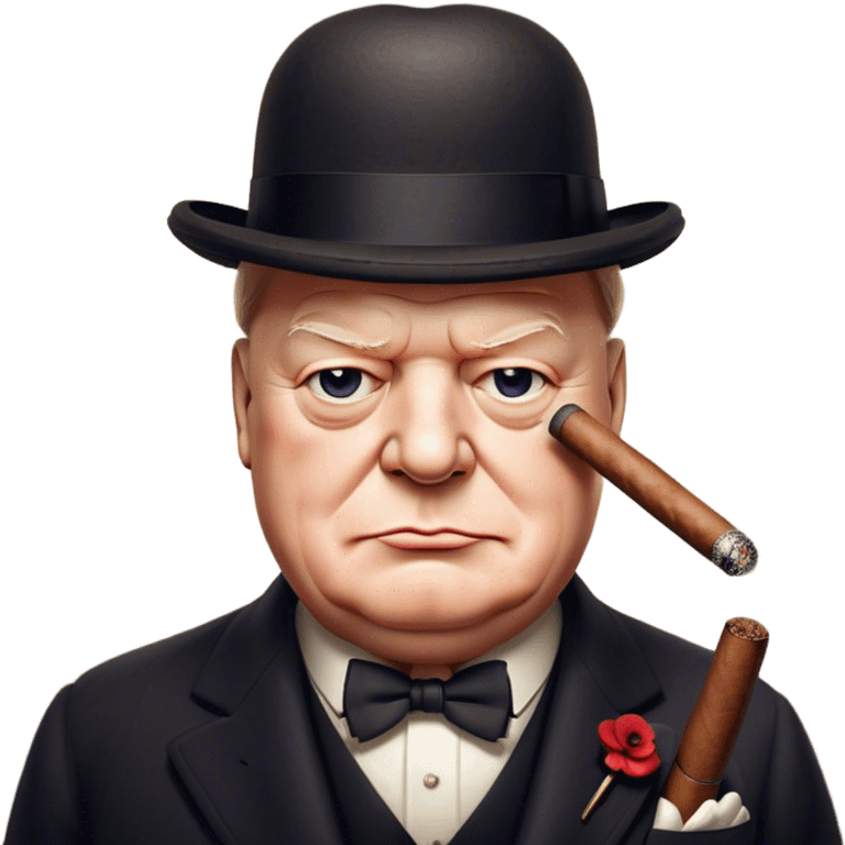 Cinematic Realistic Winston Churchill Portrait Emoji, depicted as a resolute British statesman with a signature bowler hat and a cigar, exuding determined leadership and wartime valor, rendered with lifelike textures and dramatic vintage lighting that captures his iconic British spirit. emoji