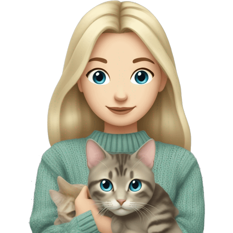 Blond chin lenght hair girl with middle part and blue eyes in a sage sweater holding a grey tabby cat with white paws and face emoji