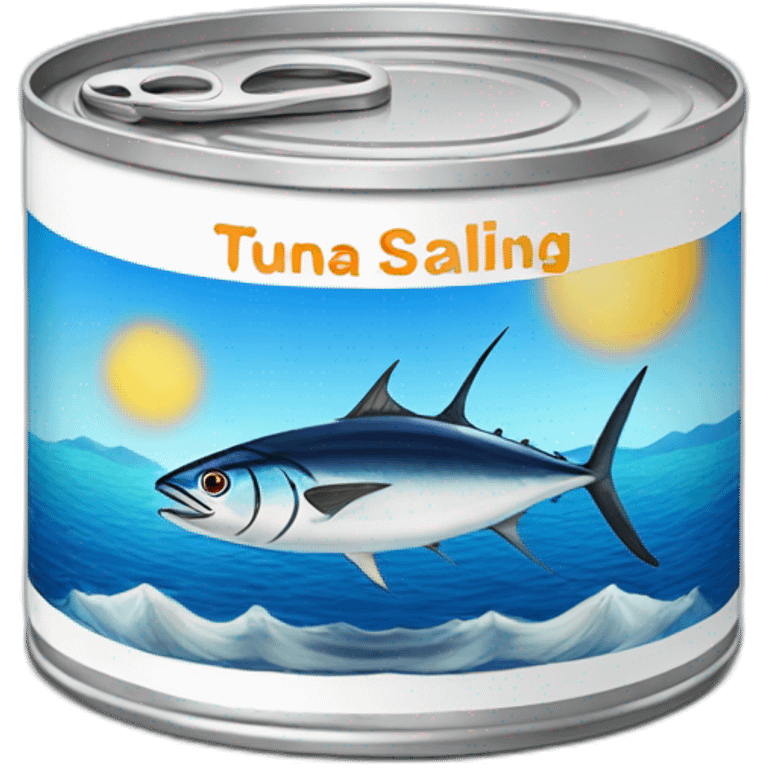 Realistic small can of tuna showing a blue sailling boat on a sea background emoji