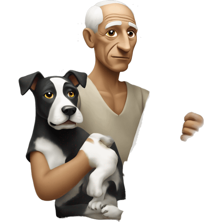 pablo picasso with a dog in his hand while he is painting emoji