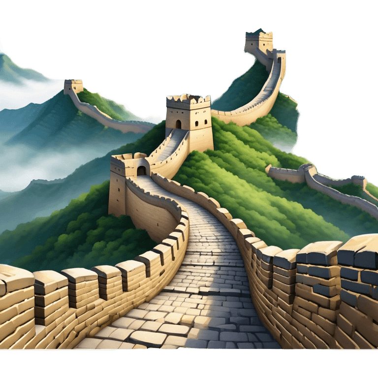 Cinematic Realistic Great Wall of China Landmark Emoji, depicted with ancient stone pathways winding over rugged mountains, watchtowers punctuating the misty landscape, and soft golden sunlight casting dramatic shadows. emoji