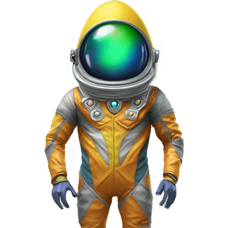 Alien with diamond shaped head an muti  Colored space suit in geometrical shaped covering him head to toe emoji