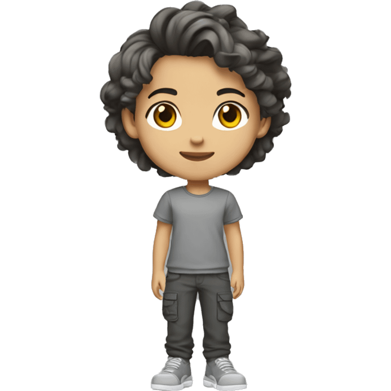 Teenager with gray sneakers, black cargo pants, gray T-shirt, medium-length hairstyle, brunette hair, light skin, full length emoji