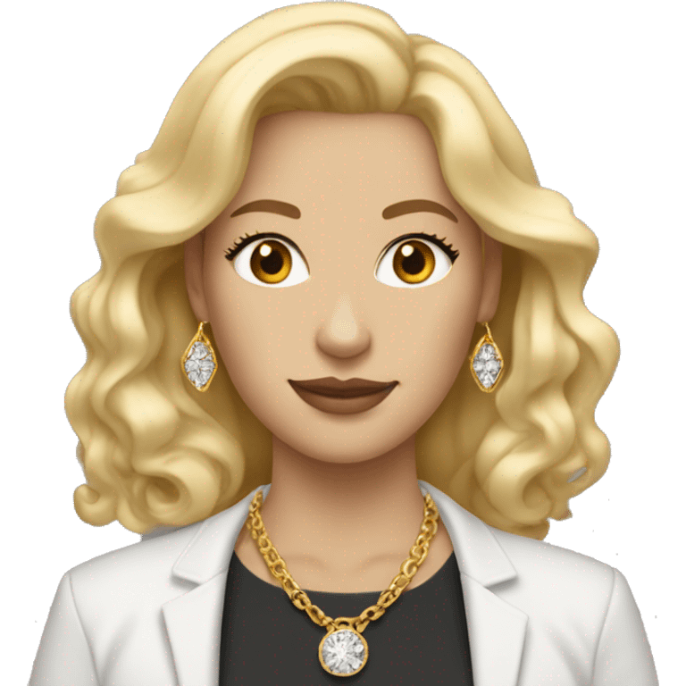 white woman with blonde hair wearing gold diamond necklace and gold hoops  emoji