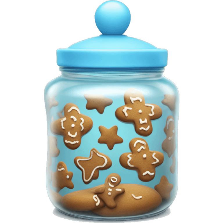 Realistic glass cookie jar with light blue lid full of gingerbread cookies isolated.  emoji