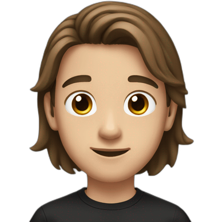 a teenager boy with big brown eyes and middle part, long, coiled brown hair, wearing a black t-shirt with white airpods emoji