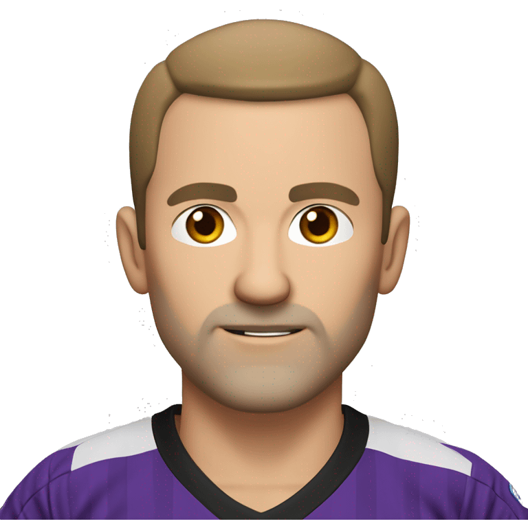 white 45-year-old man, slightly round face. very short hairs, almost shaved, a small central crest. hairline is slightly receding, sparse hair around the temples. brown eyes unshaven, small stubble beard. black and purple soccer jersey.  emoji