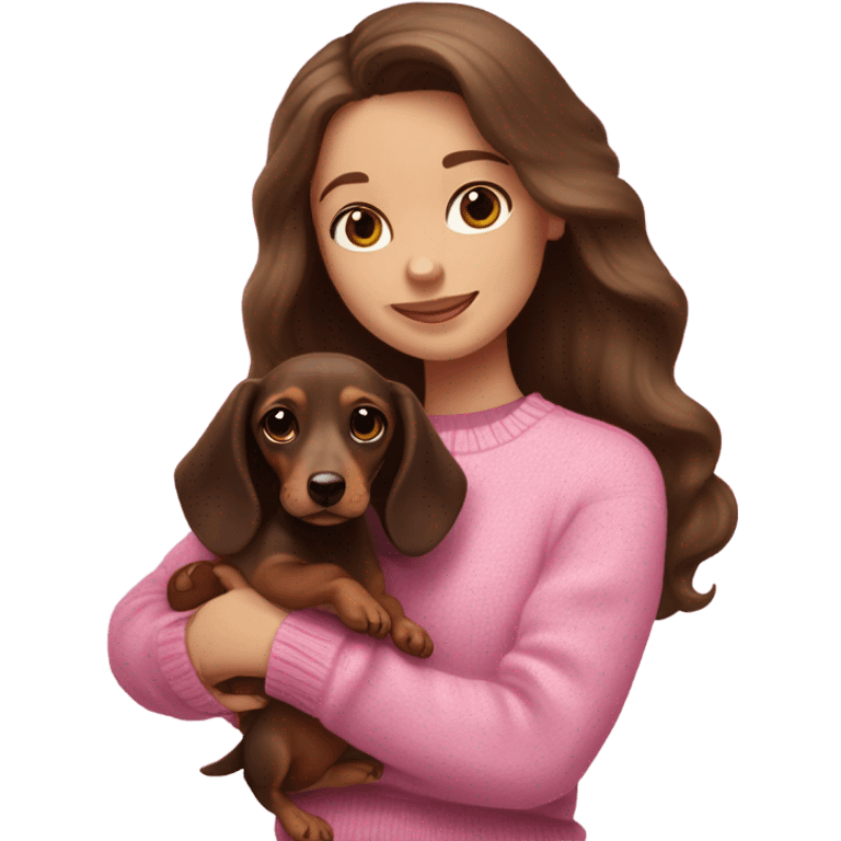 Brunette white girl with long wavy hair in a pink sweater holds a dark brown and cream dachshund long-haired puppy in her arms emoji