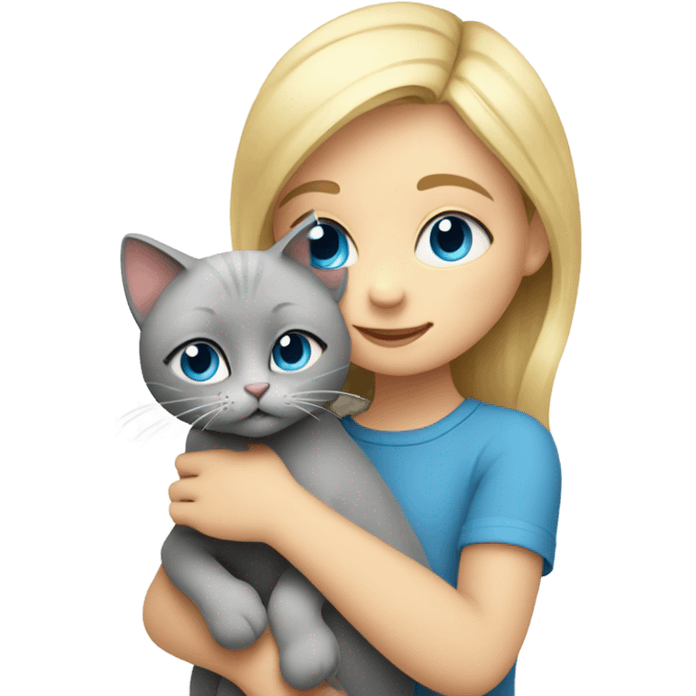 Blonde blue eyed girl hugs her grey cat  emoji