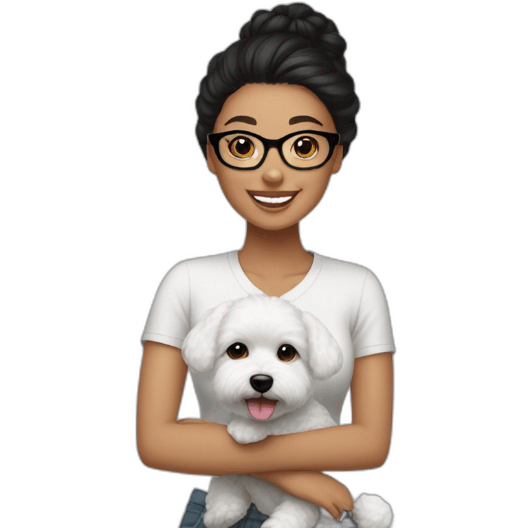 woman-black hair-bun-with glasses-with bichon dog-white-smile emoji