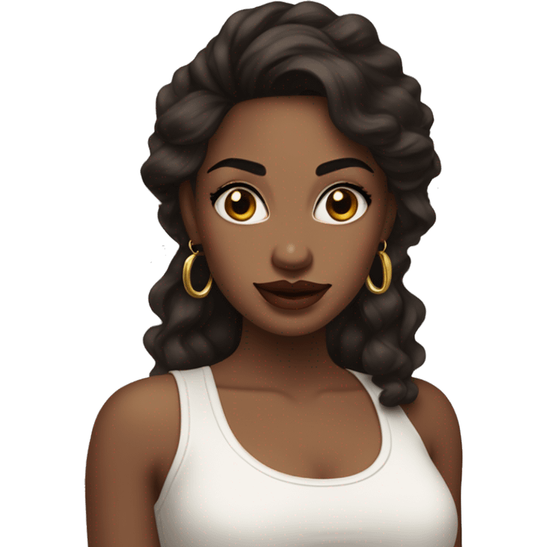 woman with long wavy dark brown hair, big dark brown eyes with thick eyelashes, thick round lips wearing a white tank top and gold earrings emoji