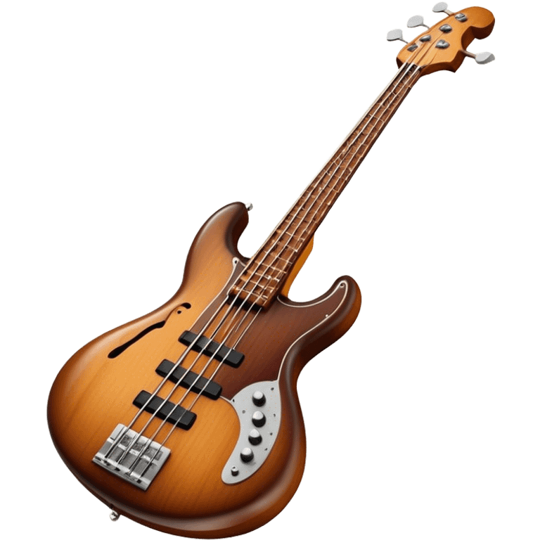 Cinematic Realistic Bass, deep polished wood with rich grain, thick taut strings stretching across its curved body, subtle warm lighting emphasizing its form, glowing with depth and powerful musical resonance. emoji