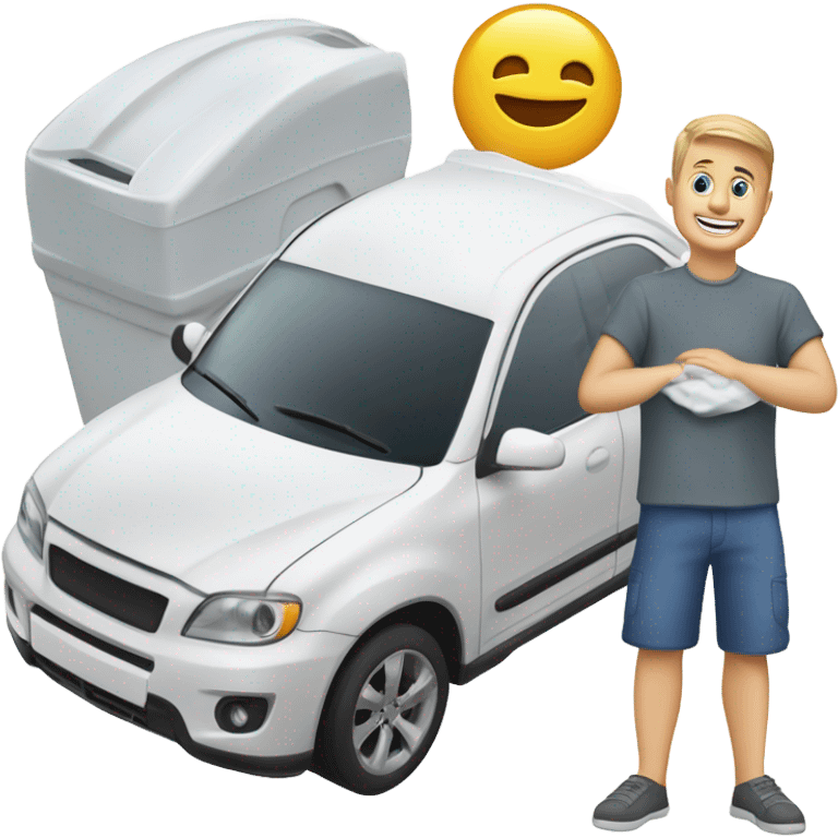 Happy white guy washing a white car ￼ emoji