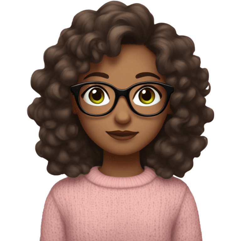 Girl with long curly brown hair, long eyelashes and brown eyes with a bit of green, big square black glasses with a pastel pink sweater emoji