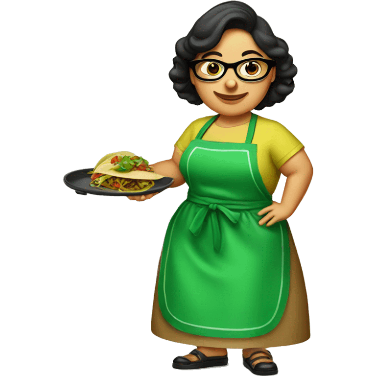 mexican chubby lady green apron  with glasses cooking tacos emoji