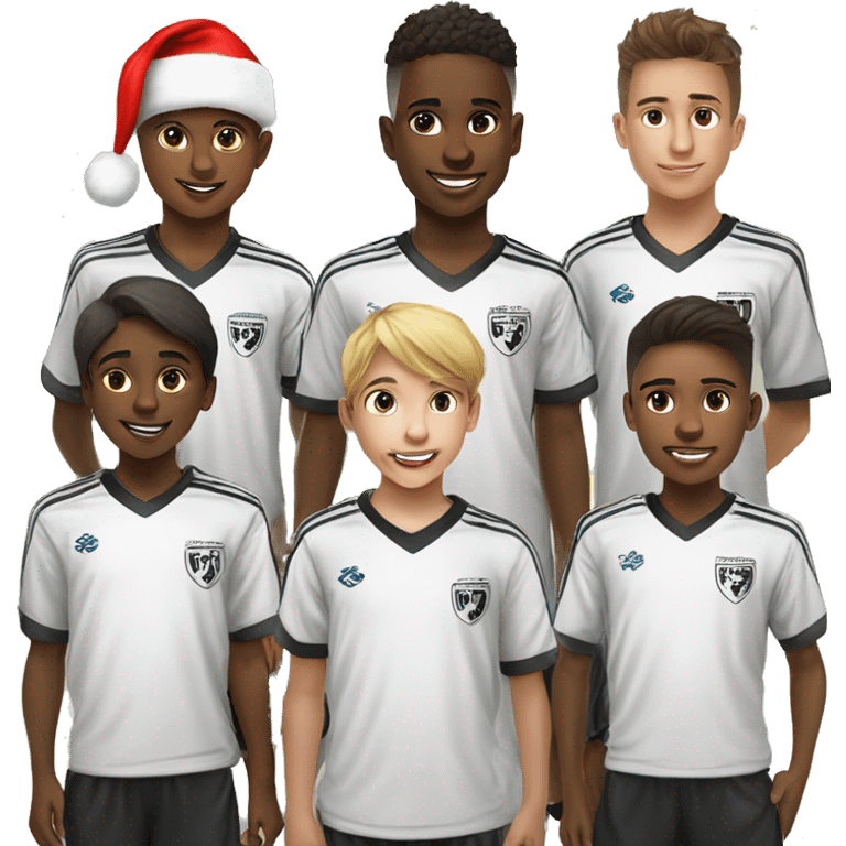 9 year old kids soccer team called the silent knights, put a soccer ball with a Santa hat on the front of the jersey. All of the kids are white emoji