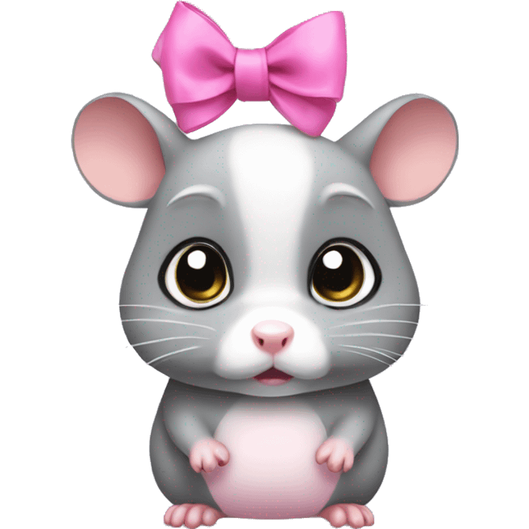 Sad grey hamster with huge eyes and a pink bow on head emoji