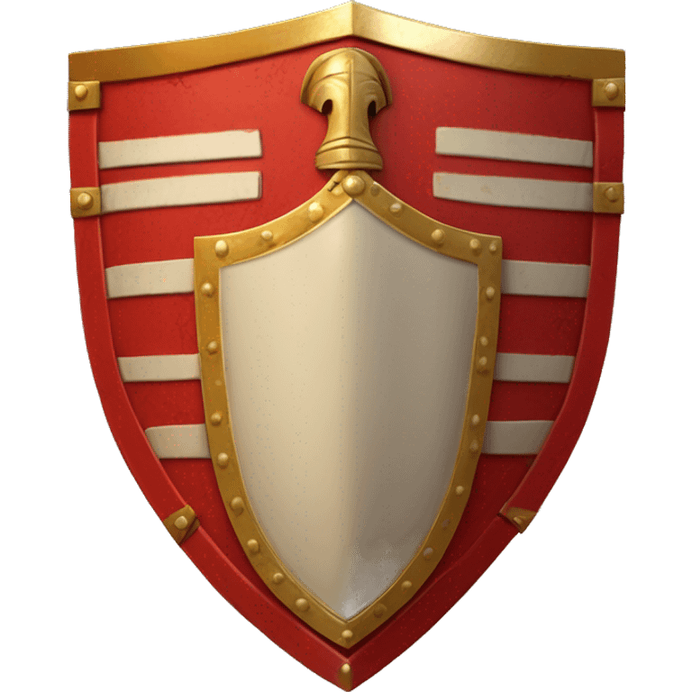 A bright red, rectangular-shaped Roman legionary shield with bold golden edges and a central gold boss. The shield features subtle geometric patterns and a worn texture, symbolizing both protection and battle readiness emoji