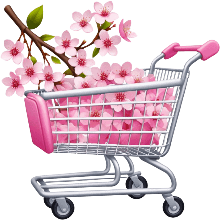 White shopping cart wrapped with pink cherry blossoms emoji