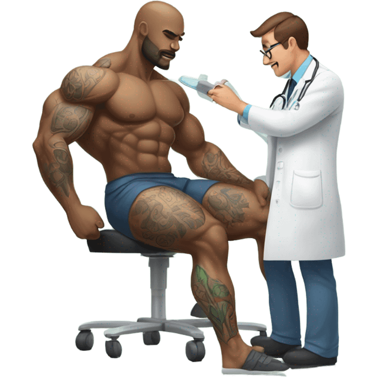 Body builder tattoo doctor inspecting leg emoji