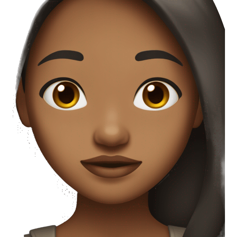 Brown skin girl teen, very black long hair colour, brown eyes, round face shape, sharp nose, lips are small, chubby character, cute face emoji