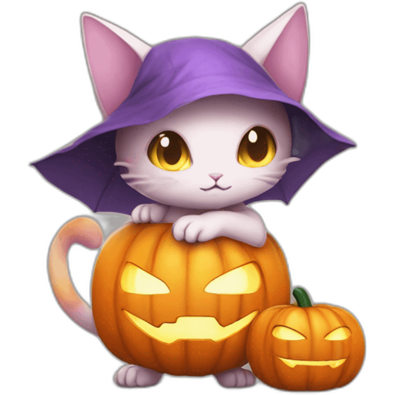 Mew pokemon style holding halloween pumpkin emoji