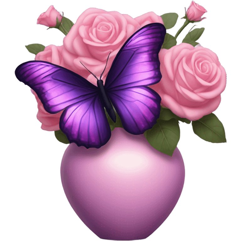 Aesthetic butterfly with purple and pink wings sitting on a dark purple bouquet of Roses in a pastel pink vase emoji