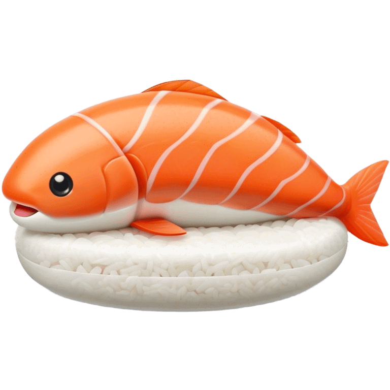 Cute Kawaii Nigiri Sushi, plump and happy, a soft white rice pillow topped with bright orange salmon, tiny blushing cheeks, big round eyes, a joyful floating expression! emoji