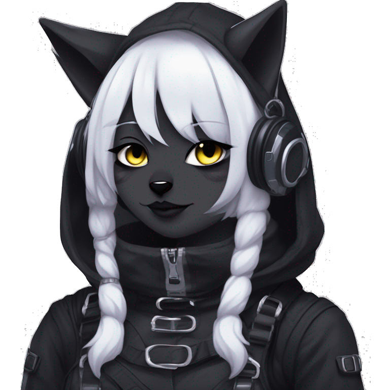 Gorgeous furry gothic dark techwear anime style anthro black cat fursona with blushing face aesthetic and pretty edgy black with collar and harness trending style emoji