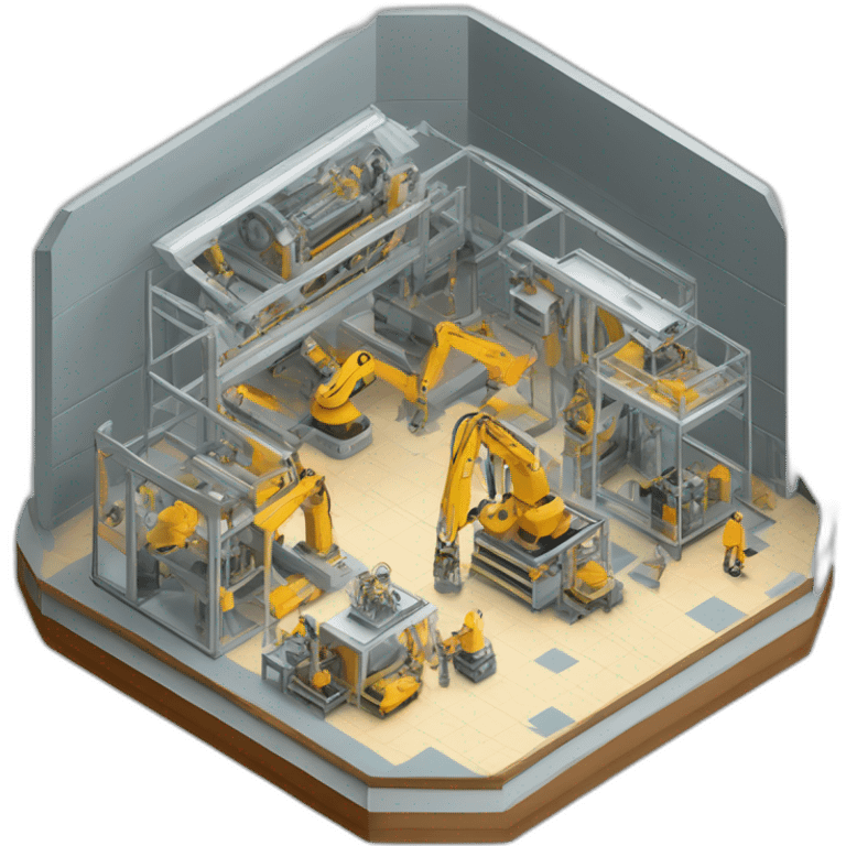 isometric square solid outline border containing indoor creative factory structure people active working machine tools simple clean #edc31b emoji