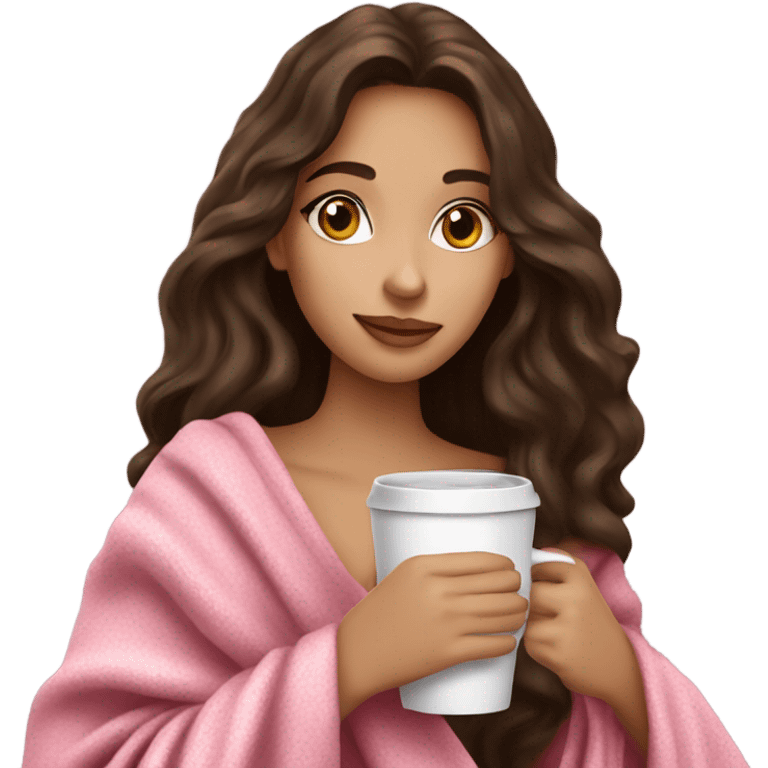 A pretty brunette girl with very long wavy hair in a pink blanket sipping coffee emoji