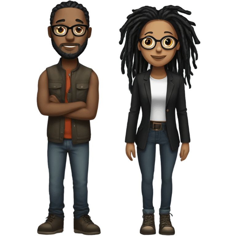 black couple with locs, light skin with long black locs, with glasses and BLACK locs tied up full body emoji