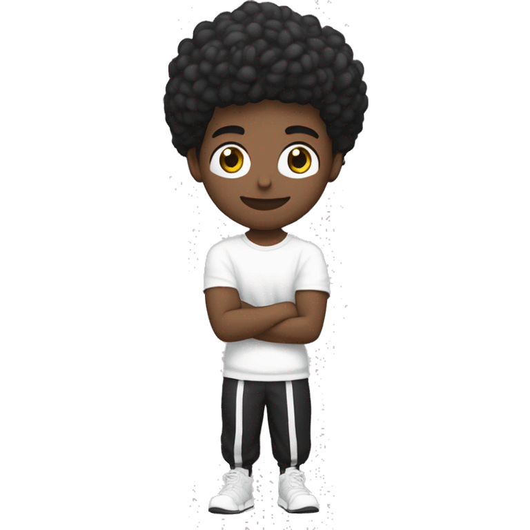 CHICO DE PELO NEGRO OJOS NEGROS Y CAMISETA NEGRA EN FORMA CON UNOS CASCOS DE MUSICA BLANCOS Y UNA PESA DEL GYM EN LA MANO emoji