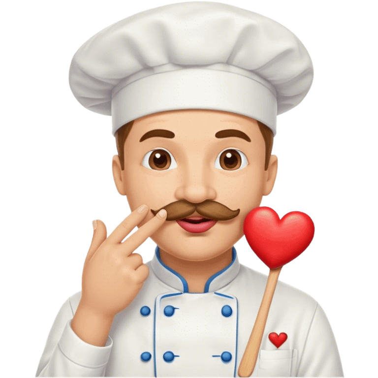 Happy Mustachioed chef with puckered lips kissing his pinched together fingertips hand with a heart emoji emoji