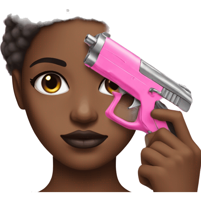 Afro hair brown girl hand pink nails holding pink gun black eyes emoji