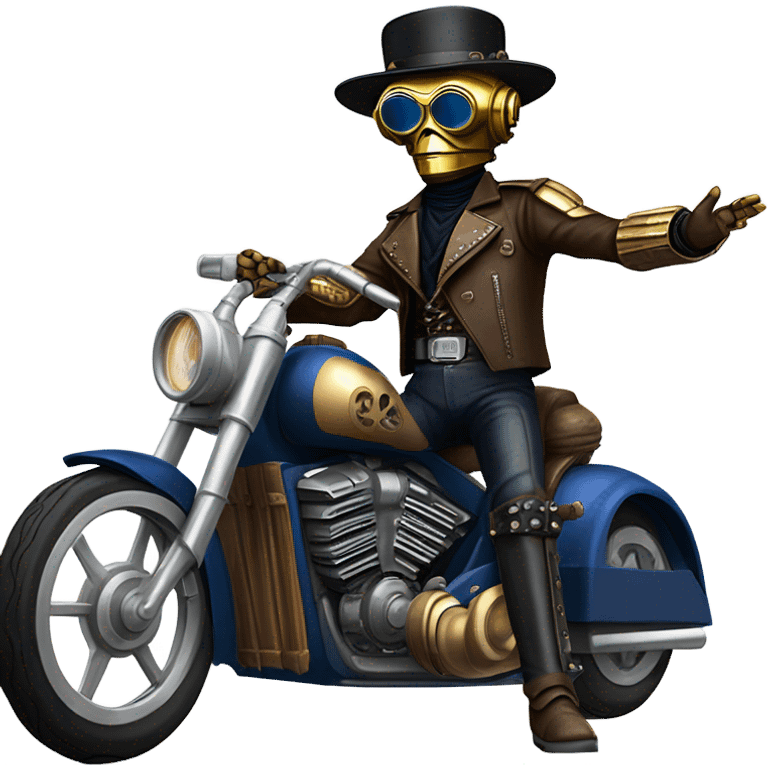 C-3PO wearing a pair of navy-blue sunglasses, hat, leather chaps, fringe jacket riding a steampunk motorcycle on ice  emoji