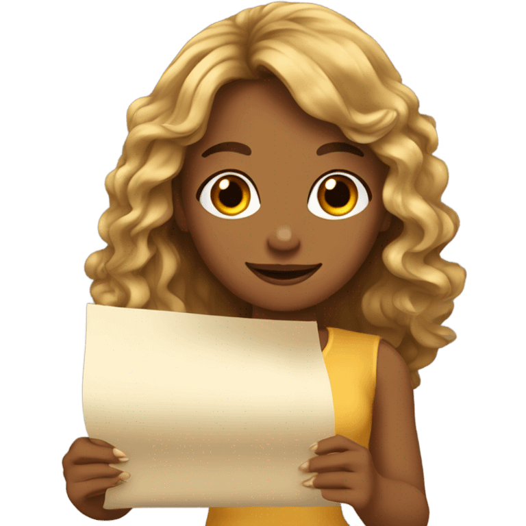 TAN SKIN GIRL with long gold wavy hair and bangs holding paper emoji