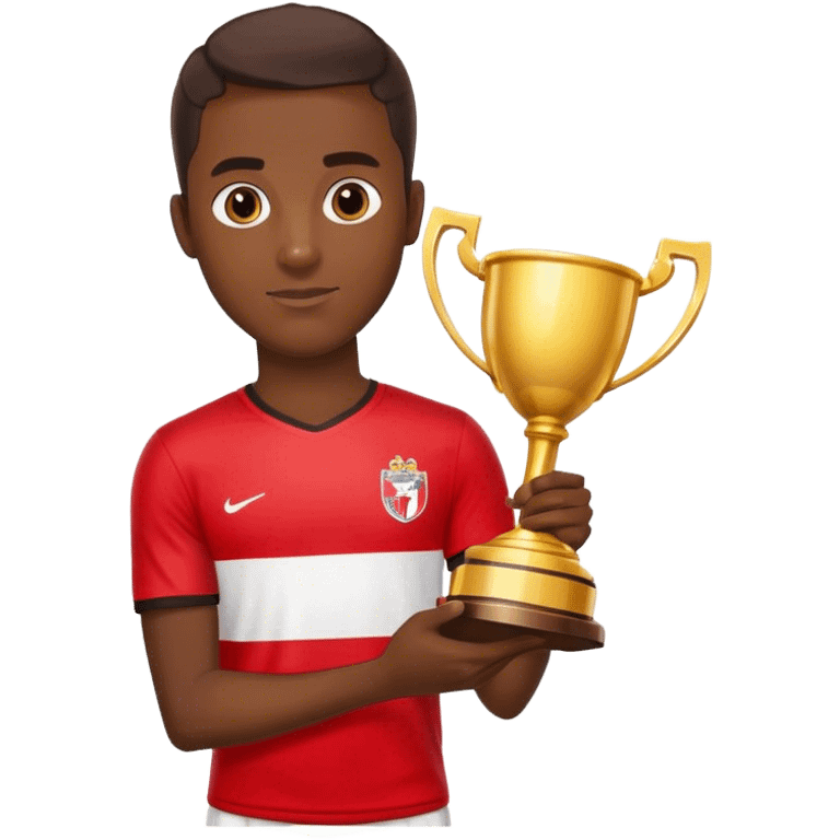 footballer in red-white t-shirt, in his hand golden trophy emoji