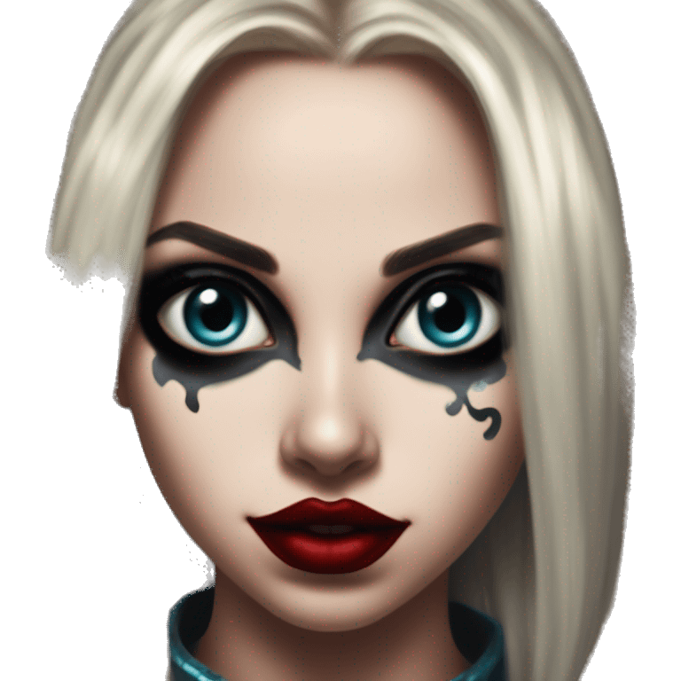 Rockstar Jasmine in Harley Quinn style, oil paint, mysterious eyes, intricate lips, masterpiece portrait, odd perspective, beautiful, desirable, logical emoji