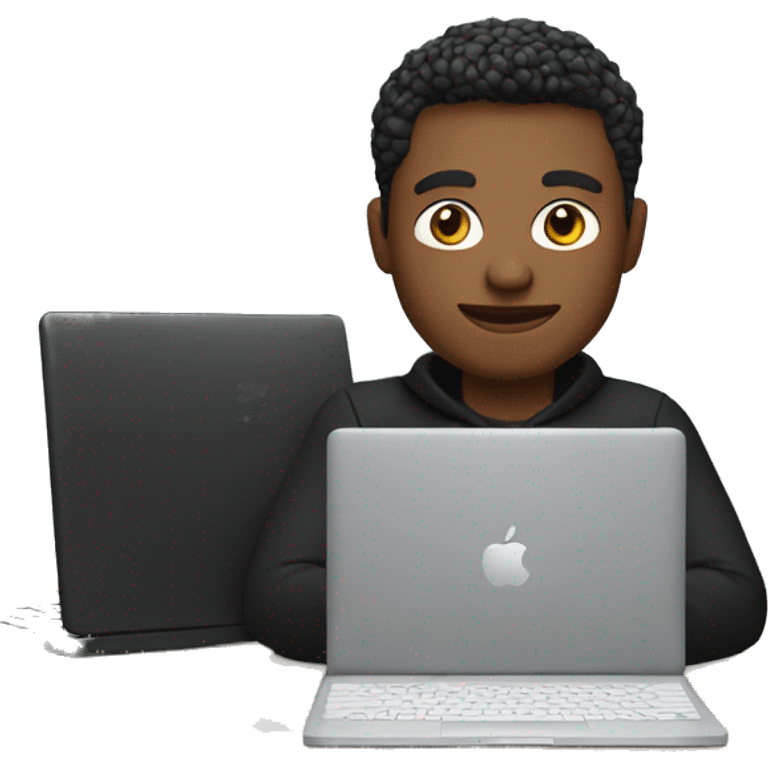 memoji of a man with a laptop in front, apple-style,modern,fair hair,black sweater,computer in hand,sitting on his desk emoji