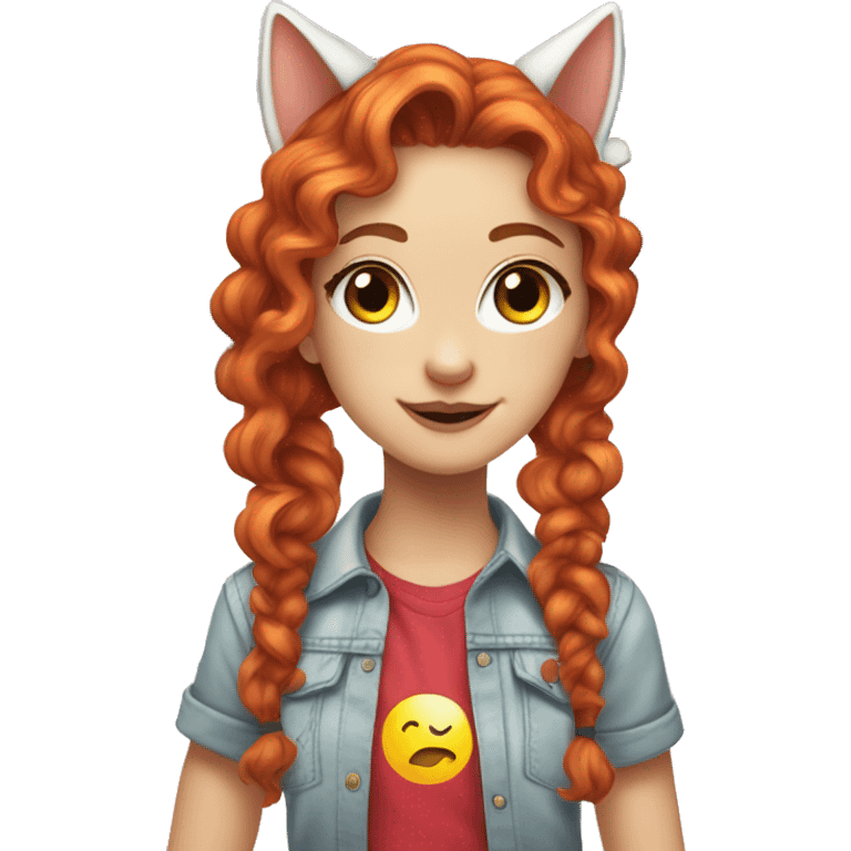 a white girl with long red curly hair in a pony tail with rainbow shirt does peace sign wearing cat ears one black other white emoji