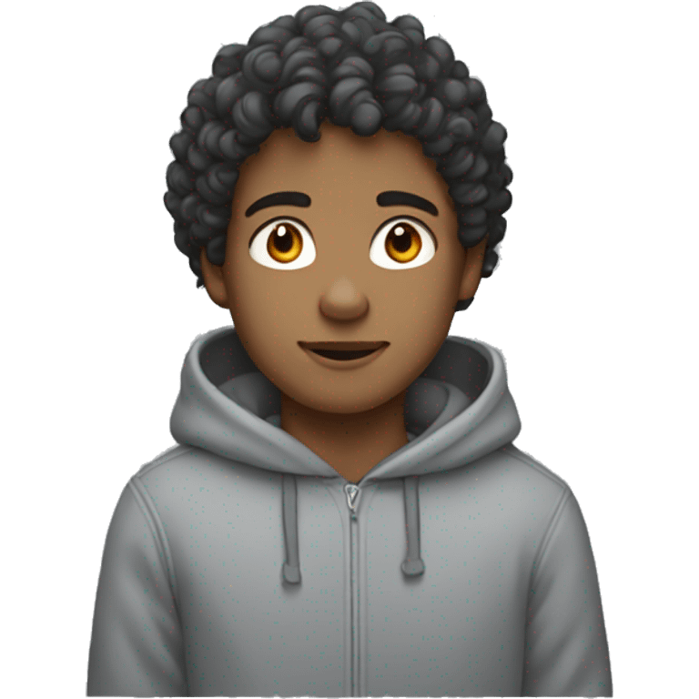 boy with curly dark hair in a grey hoodie  emoji