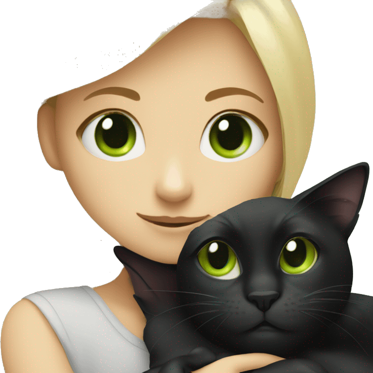 Blonde girl with green eyes hug black cat emoji