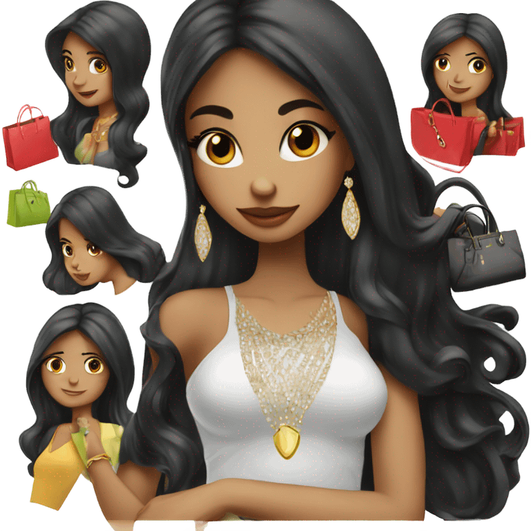 girl with long black hair with lots of designer shopping bags in her and a fat diamond engagement ring  emoji