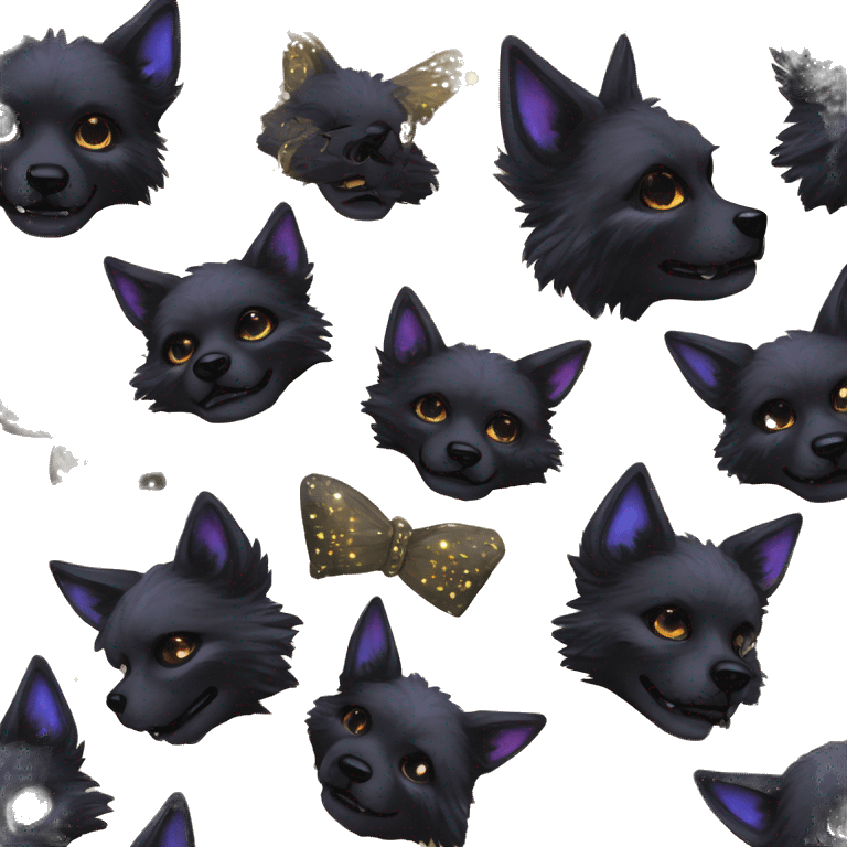 Black iridescent fluffy dog fox head zombie skeleton gold mechanical nebula galaxy stars flowers fairy lights vintage emoji