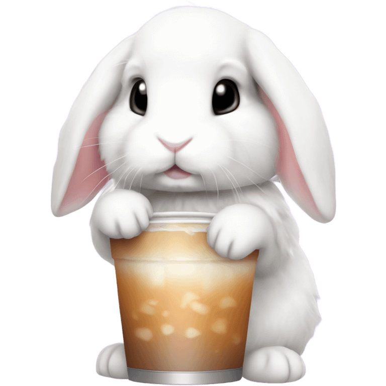 White mini lop rabbit drinking boba tea emoji