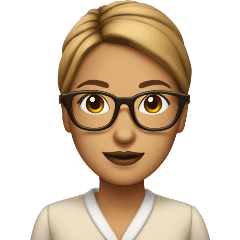 Woman librarian bun brown glasses with a book emoji