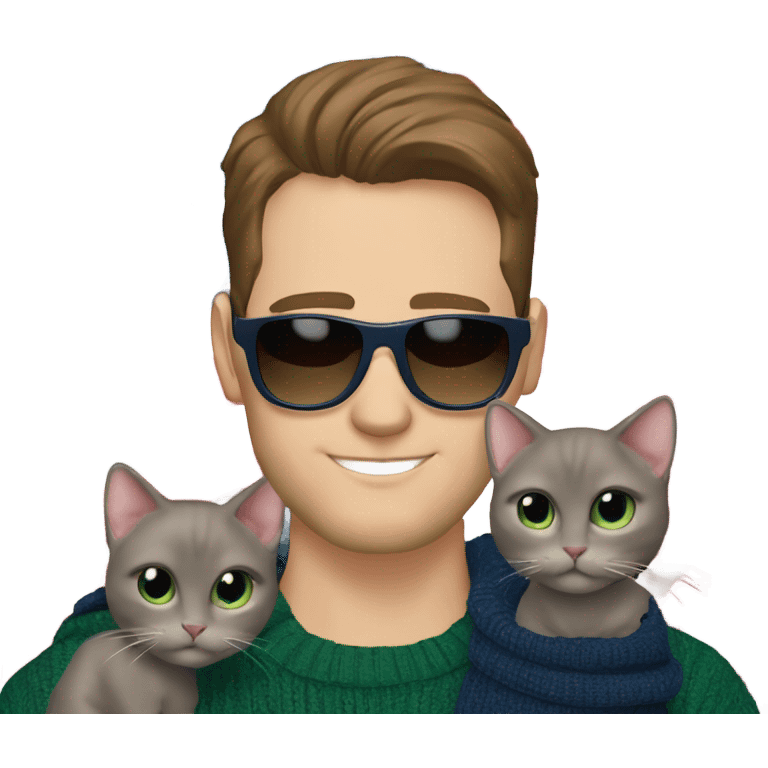 Brown hair handsome man wearing designer sunglasses. He has blueish green eyes. He is holding a hairless cat. His sweater is navy with an American flag sweater emoji